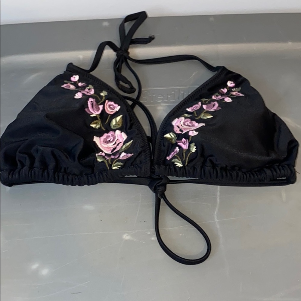 black and flowered string bikini top